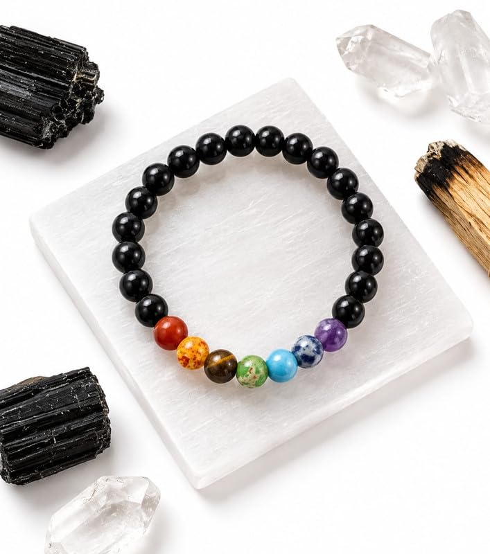 7 Chakra Black Tourmaline Bracelet, Round Design