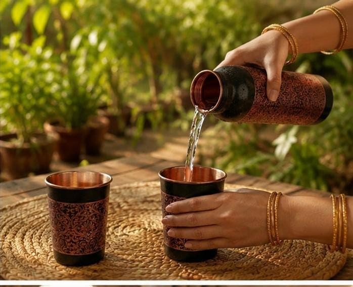 2 Copper Glasses with 1 Copper Bottle Set